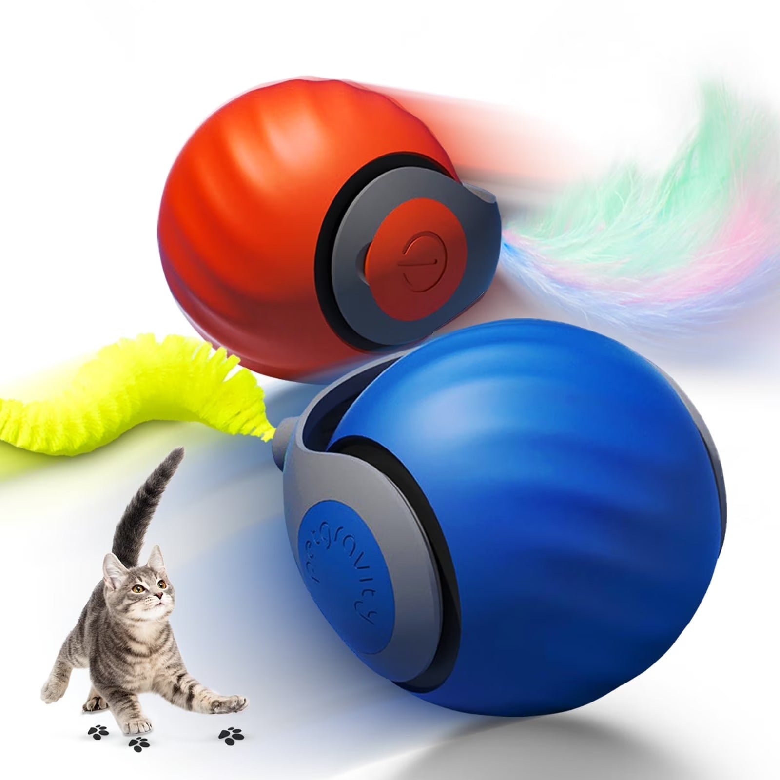 Interactive Cat Toys for Indoor Cats – Smart Automatic Rolling Ball with Rechargeable Battery, Adjustable Two-Speed Settings, Feather Accessory for Bored Adult Cats & Kittens, 2-Pack Blue and Orange