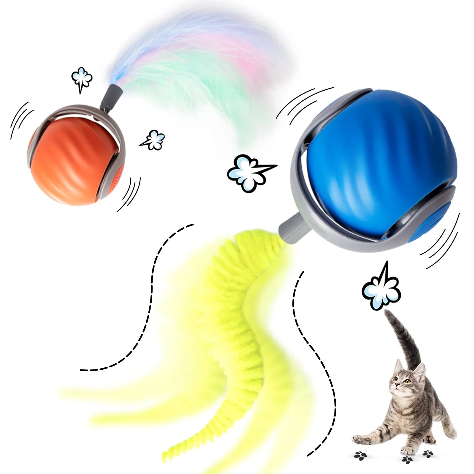 Interactive Cat Toys for Indoor Cats – Smart Automatic Rolling Ball with Rechargeable Battery, Adjustable Two-Speed Settings, Feather Accessory for Bored Adult Cats & Kittens, 2-Pack Blue and Orange
