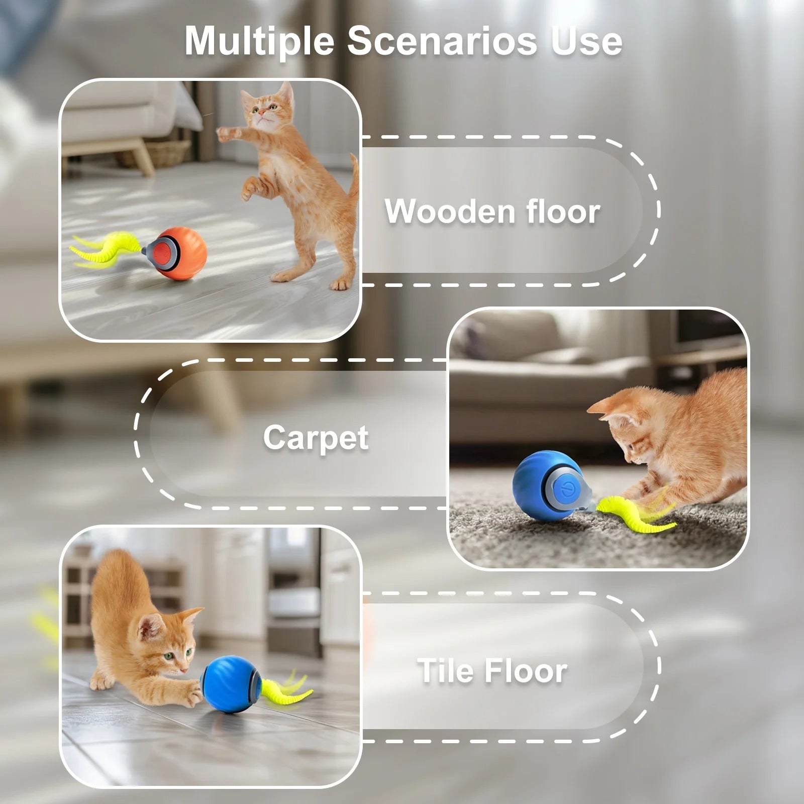 Interactive Cat Toys for Indoor Cats – Smart Automatic Rolling Ball with Rechargeable Battery, Adjustable Two-Speed Settings, Feather Accessory for Bored Adult Cats & Kittens, 2-Pack Blue and Orange