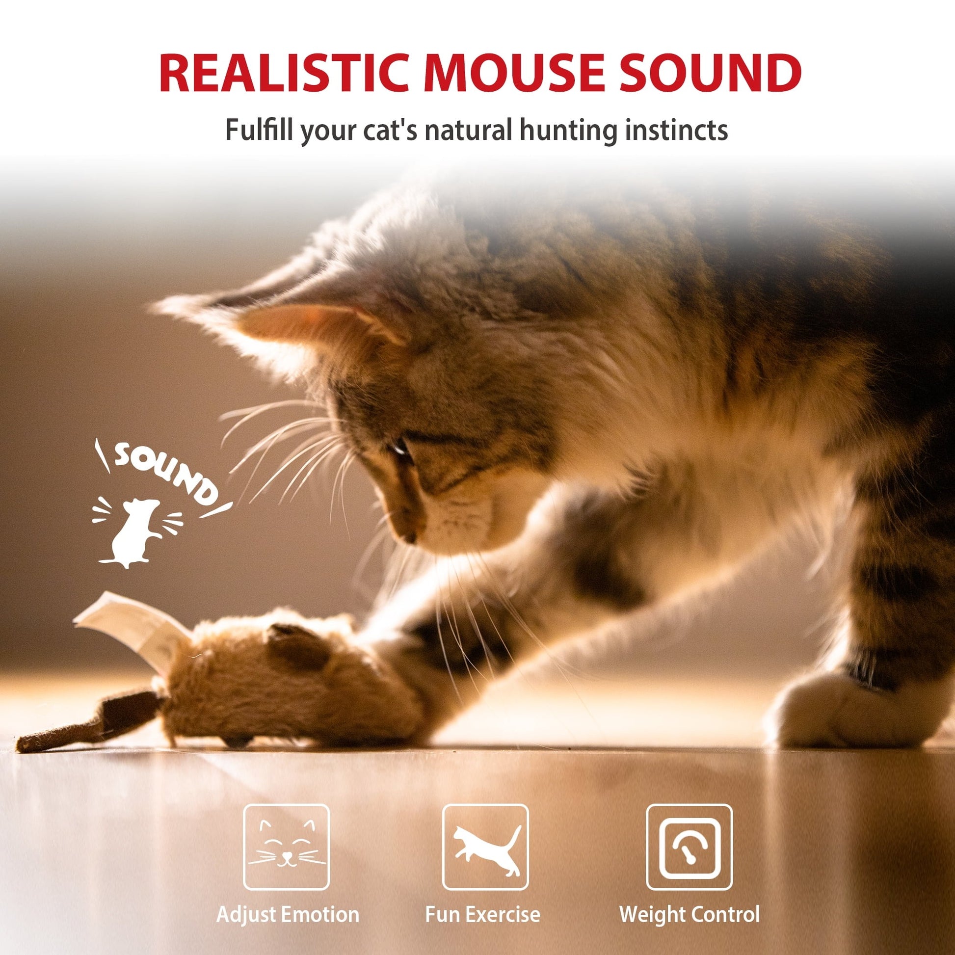 Interactive Electronic Cat Toy Mouse with Furry Tail – Automatic Moving Squeaky Mouse for Indoor and Outdoor Play, Kitten Exercise and Hunting Simulation, Brown-Ear Design
