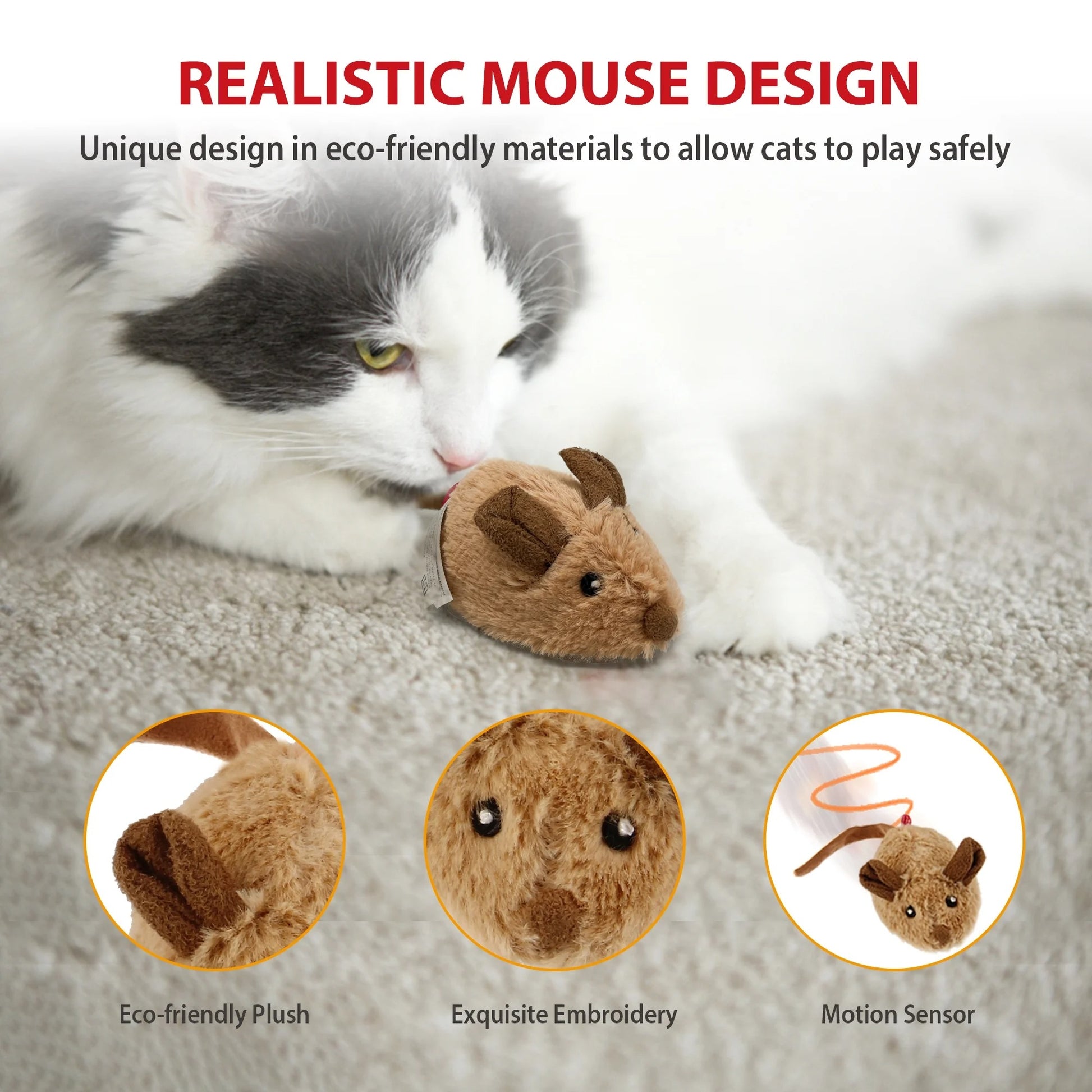 Interactive Electronic Cat Toy Mouse with Furry Tail – Automatic Moving Squeaky Mouse for Indoor and Outdoor Play, Kitten Exercise and Hunting Simulation, Brown-Ear Design