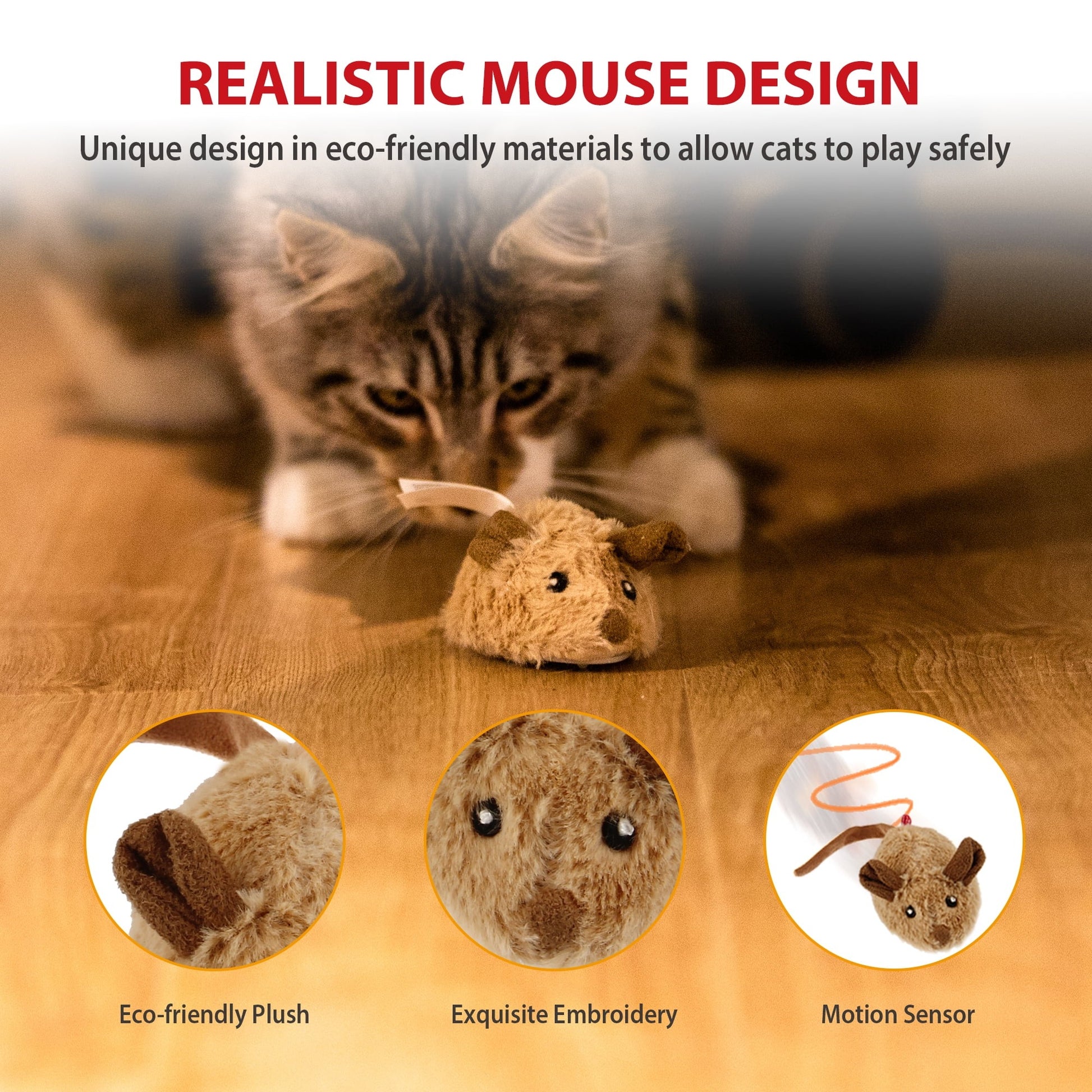 Interactive Electronic Cat Toy Mouse with Furry Tail – Automatic Moving Squeaky Mouse for Indoor and Outdoor Play, Kitten Exercise and Hunting Simulation, Brown-Ear Design