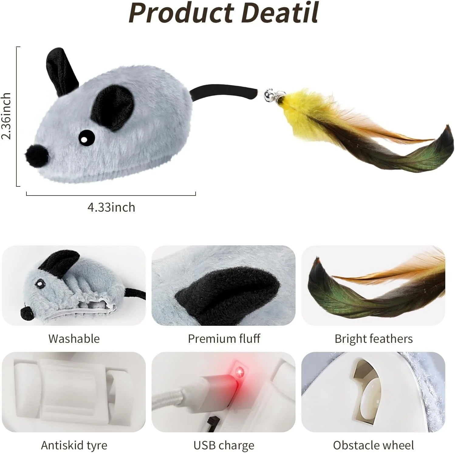 Interactive Rechargeable LED Cat Mouse Toy for Indoor Cats – Automatic Moving Electric Mouse with Feather Tail and Bell, Lifelike Cat Toys for Exercise, Boredom Relief, and All Breeds, Gray