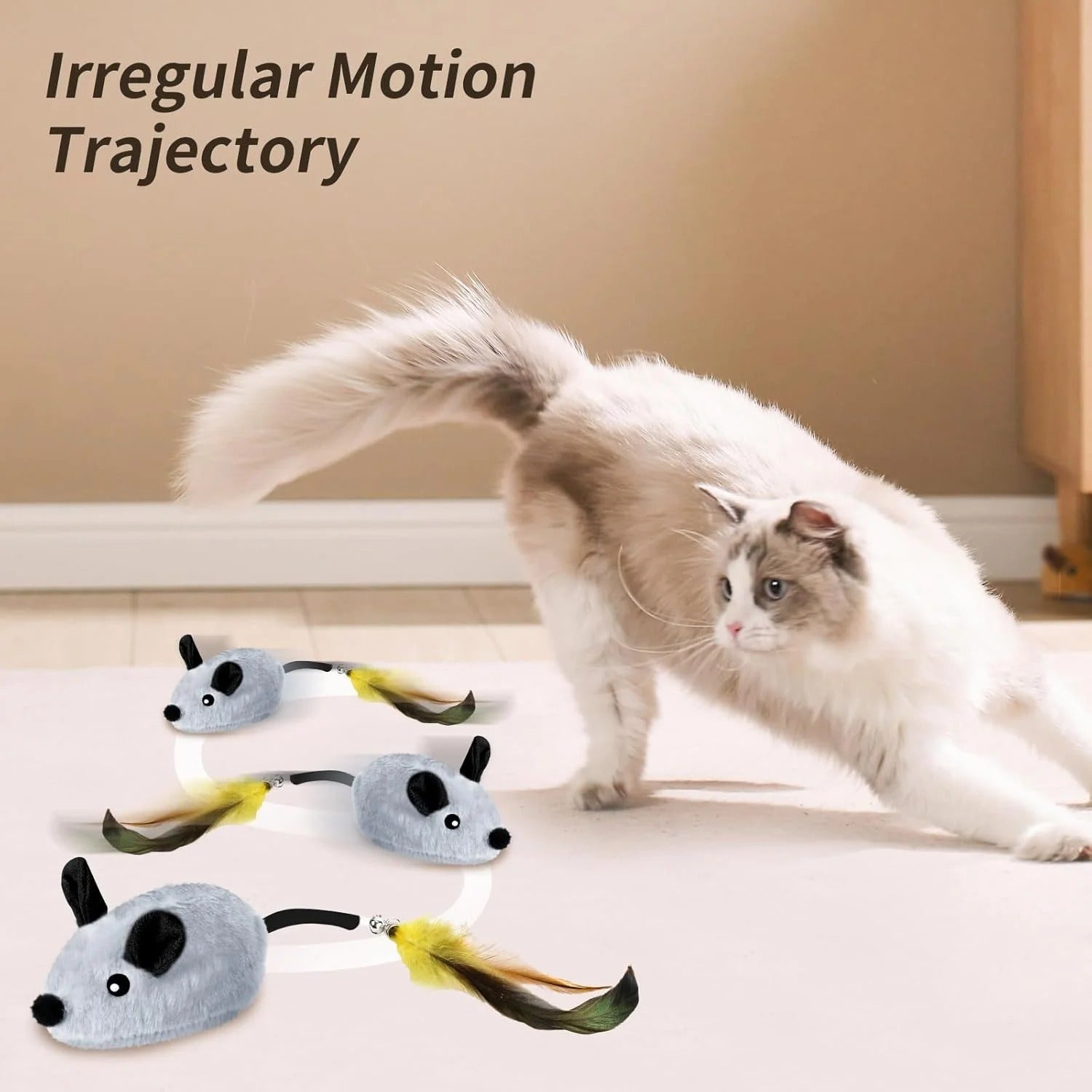 Interactive Rechargeable LED Cat Mouse Toy for Indoor Cats – Automatic Moving Electric Mouse with Feather Tail and Bell, Lifelike Cat Toys for Exercise, Boredom Relief, and All Breeds, Gray