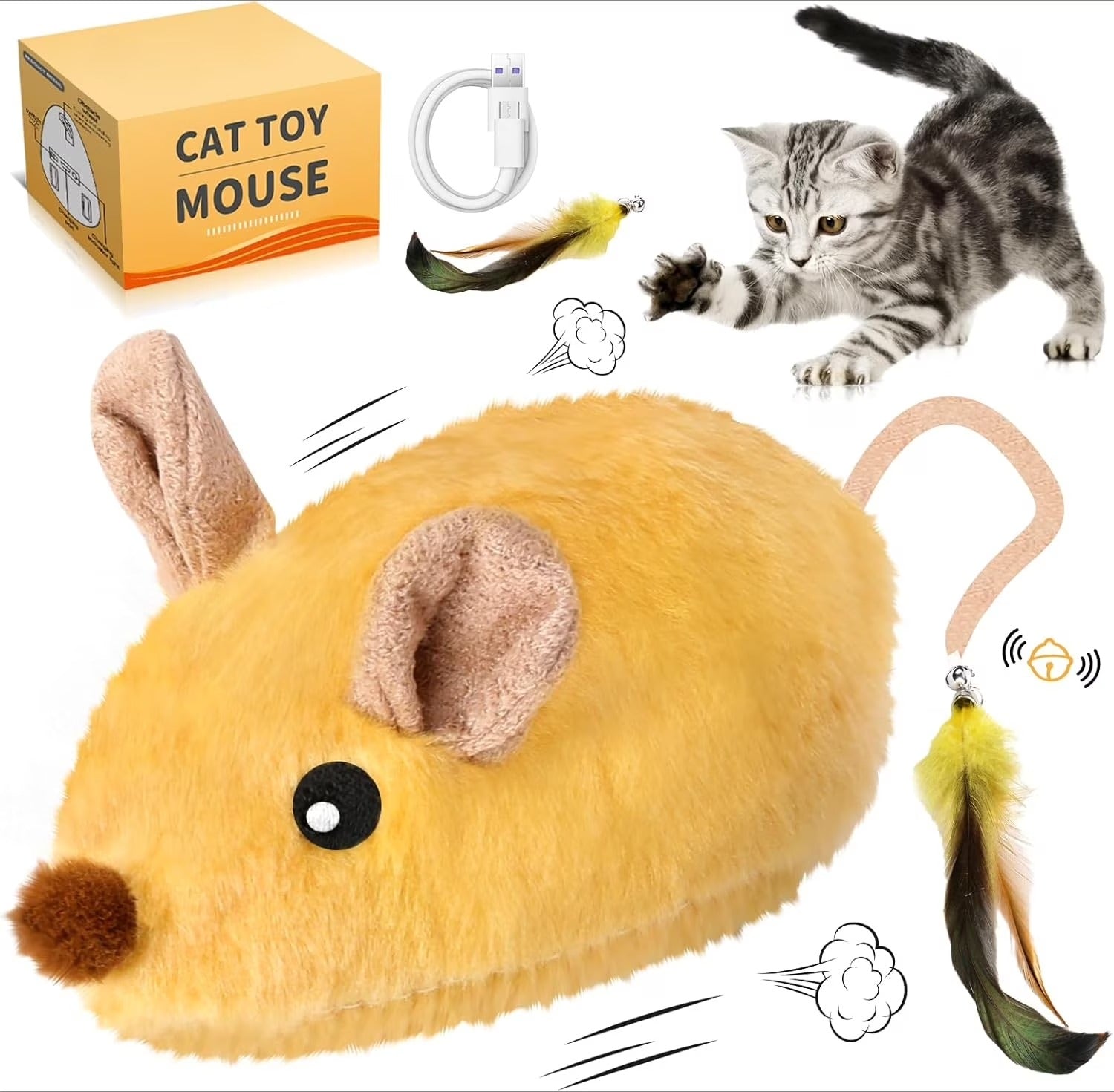 Interactive Rechargeable LED Cat Mouse Toy with Feather Tail and Bell – Automatic Moving Electric Mouse for Indoor Cats, Boredom Relief, Exercise, and Mental Stimulation, All Breeds, Yellow