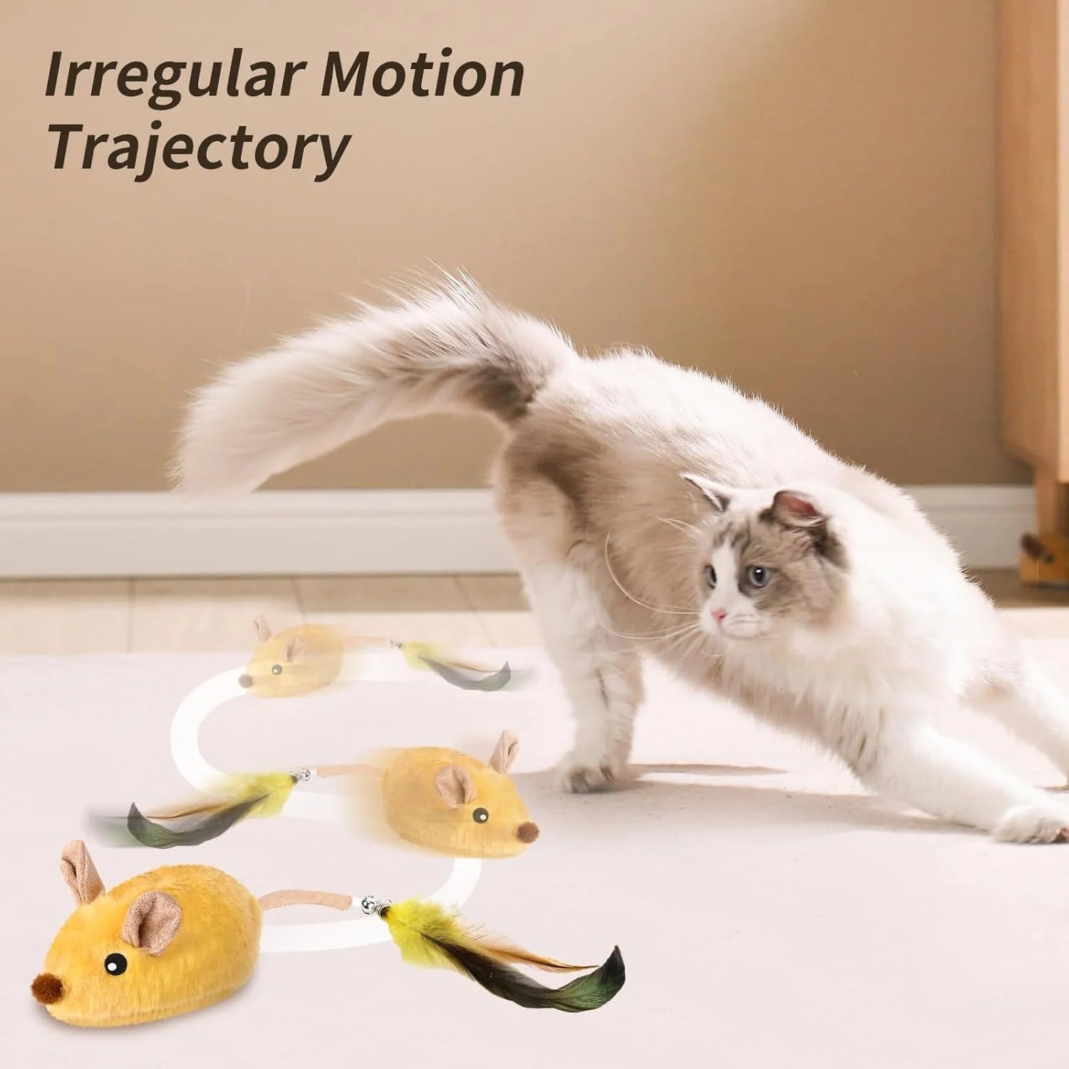 Interactive Rechargeable LED Cat Mouse Toy with Feather Tail and Bell – Automatic Moving Electric Mouse for Indoor Cats, Boredom Relief, Exercise, and Mental Stimulation, All Breeds, Yellow
