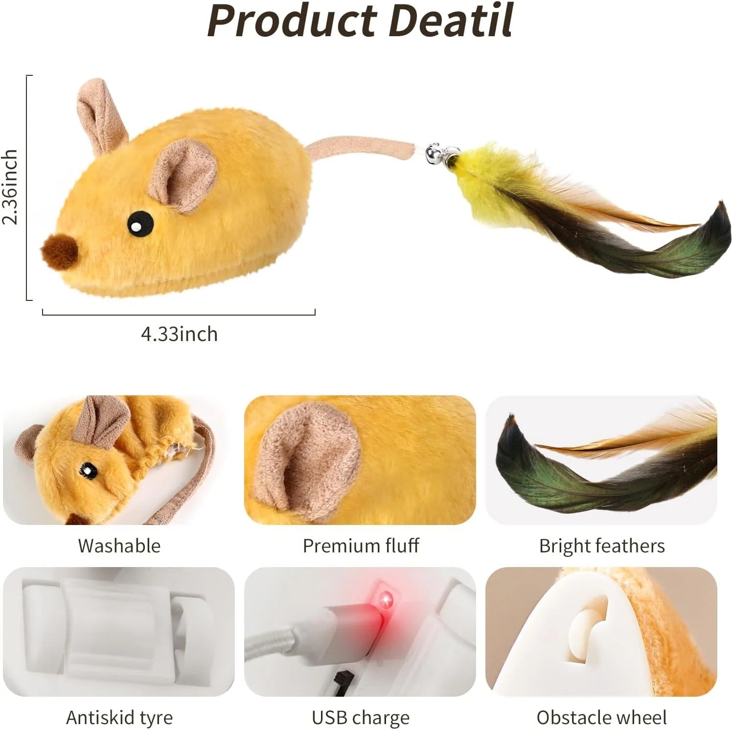 Interactive Rechargeable LED Cat Mouse Toy with Feather Tail and Bell – Automatic Moving Electric Mouse for Indoor Cats, Boredom Relief, Exercise, and Mental Stimulation, All Breeds, Yellow