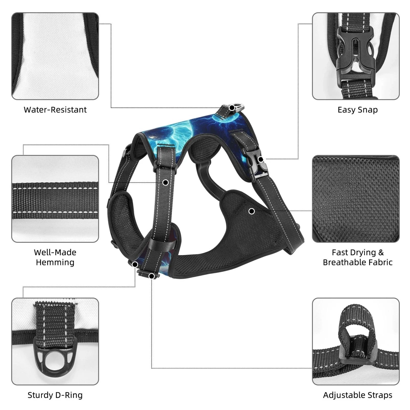 Blue Yin Yang No Pull Dog Harness with Dual Leash Clips, Adjustable Reflective Padded Dog Vest with Control Handle, Breathable Outdoor Walking Hiking Harness for Large Medium Small Dogs