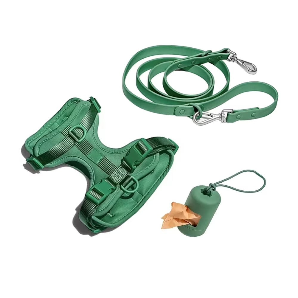 Adjustable No Pull Dog Harness with Leash and Poop Bag Holder Set, Soft Padded Vest Harness for Small Medium Large Dogs, Outdoor Walking Training Harness in Forest Green (Large)