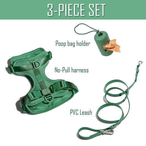 Adjustable No Pull Dog Harness with Leash and Poop Bag Holder Set, Soft Padded Vest Harness for Small Medium Large Dogs, Outdoor Walking Training Harness in Forest Green (Large)