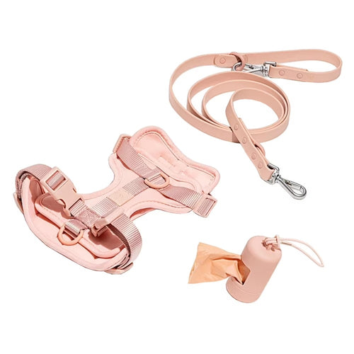 Adjustable No Pull Dog Harness with Leash and Poop Bag Holder Set, Soft Padded Vest Harness for Small Medium Large Dogs, Outdoor Walking Training Harness in Soft Pink (Large)