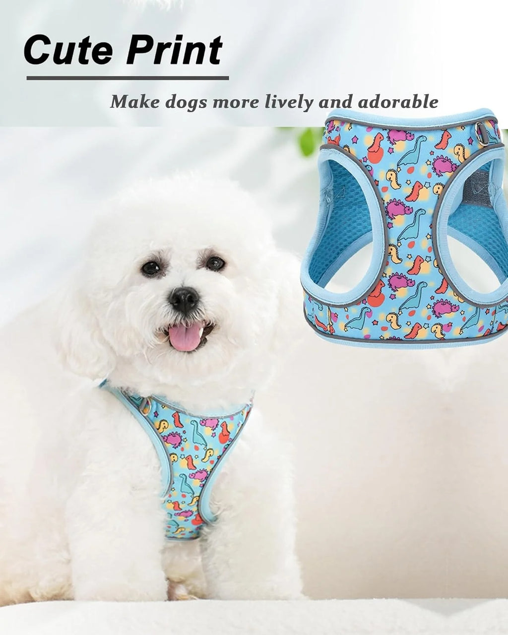 XXS Adjustable No Escape Dog Harness and Leash Set for Small Dogs and Cats, Breathable Mesh Puppy Vest with Dinosaur Pattern for Walking, Training & Daily Outdoor Use – Blue