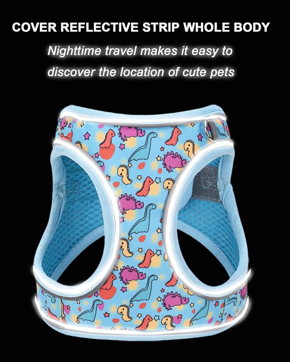 XXS Adjustable No Escape Dog Harness and Leash Set for Small Dogs and Cats, Breathable Mesh Puppy Vest with Dinosaur Pattern for Walking, Training & Daily Outdoor Use – Blue