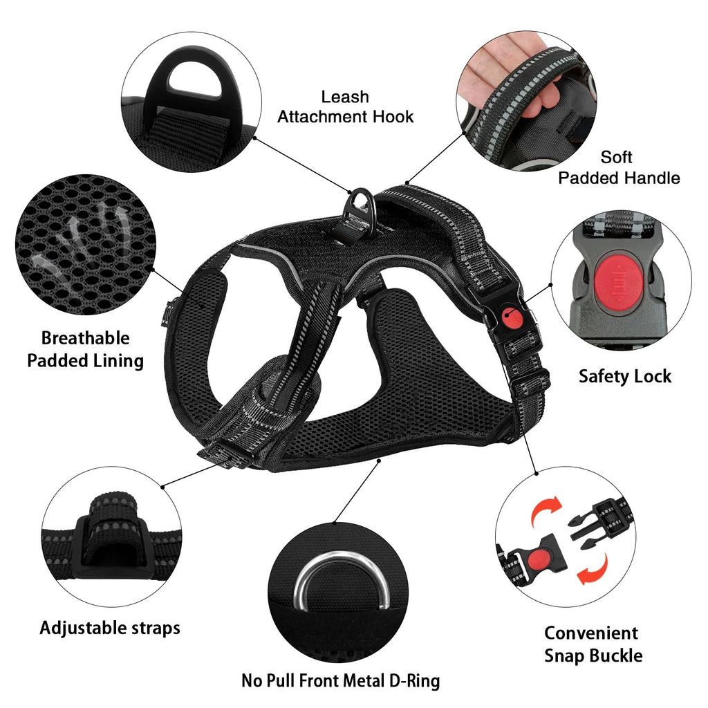 No Pull Dog Harness for Large Dogs with Handle, Adjustable Soft Padded Reflective Pet Vest Harness with Dual Leash Clips, No Choke Control Harness for Walking Training Hiking, Black, Size L
