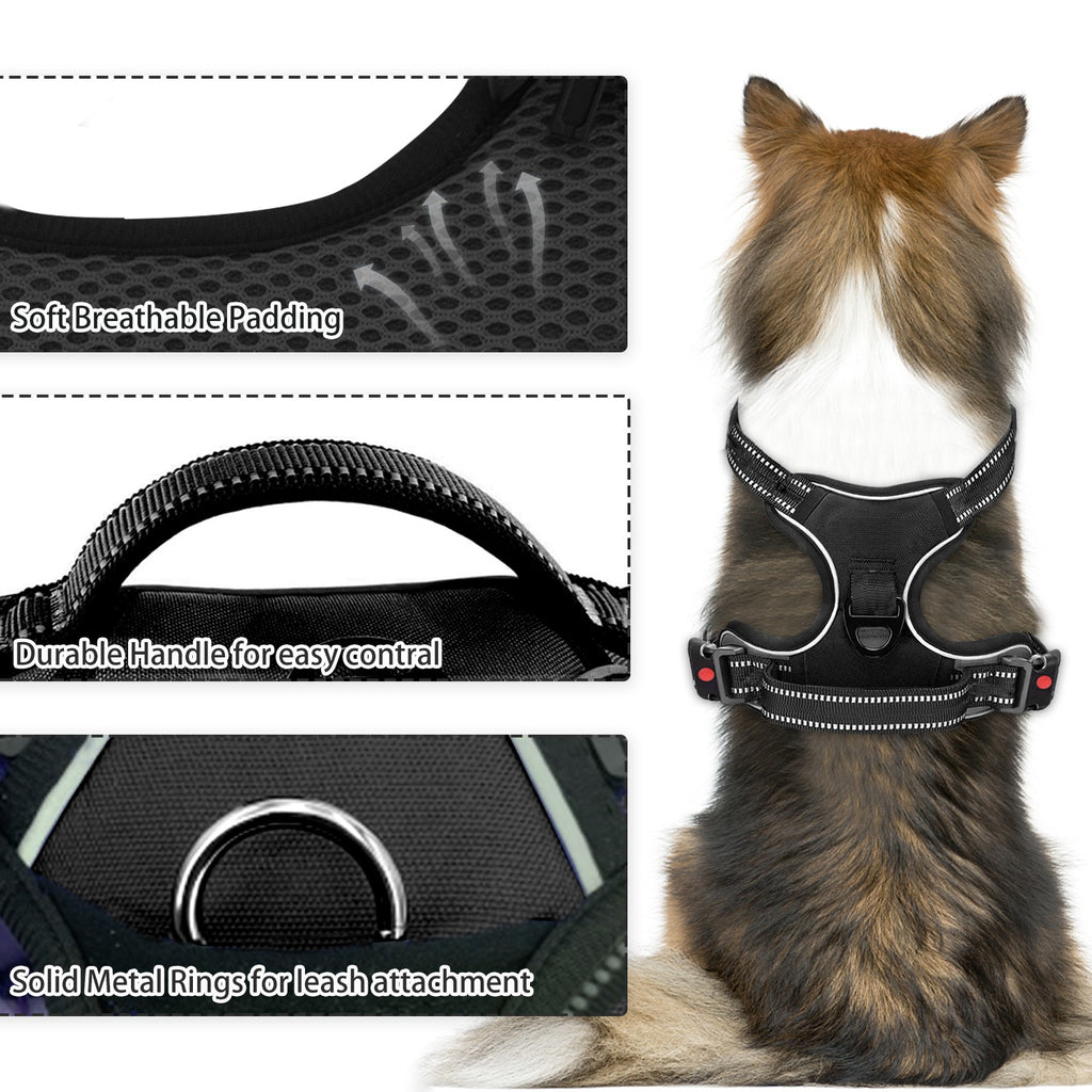 No Pull Dog Harness for Large Dogs with Handle, Adjustable Soft Padded Reflective Pet Vest Harness with Dual Leash Clips, No Choke Control Harness for Walking Training Hiking, Black, Size L