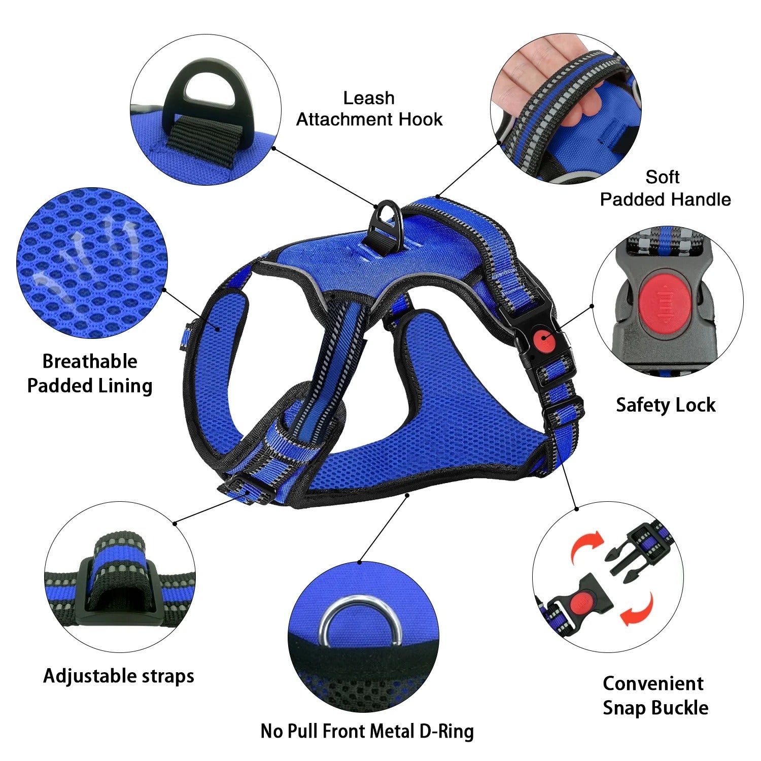 No Pull Dog Harness for Large Dogs with Handle, Adjustable Soft Padded Reflective Pet Vest Harness with Dual Leash Clips, No Choke Control Dog Harness for Walking Training Hiking, Blue