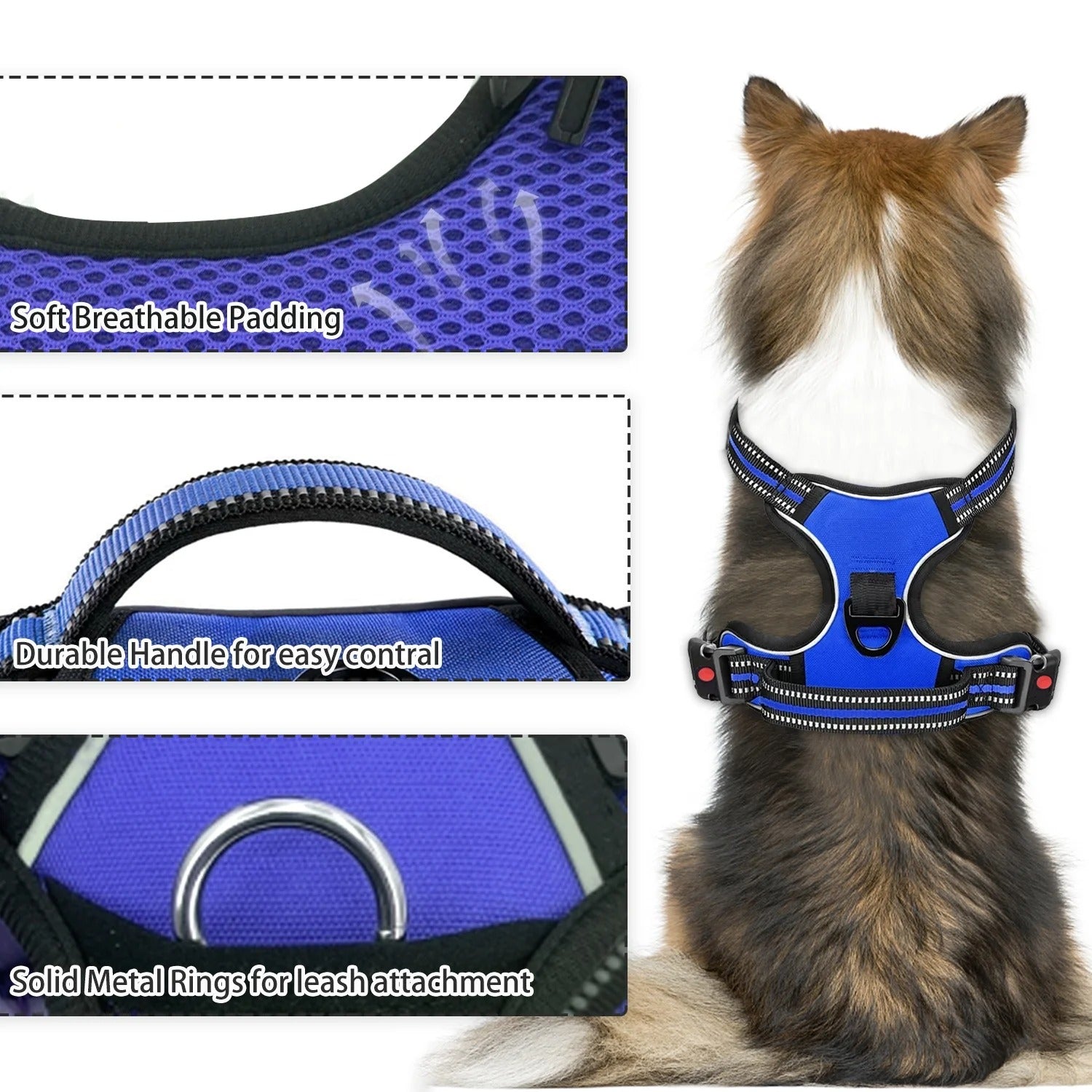 No Pull Dog Harness for Large Dogs with Handle, Adjustable Soft Padded Reflective Pet Vest Harness with Dual Leash Clips, No Choke Control Dog Harness for Walking Training Hiking, Blue