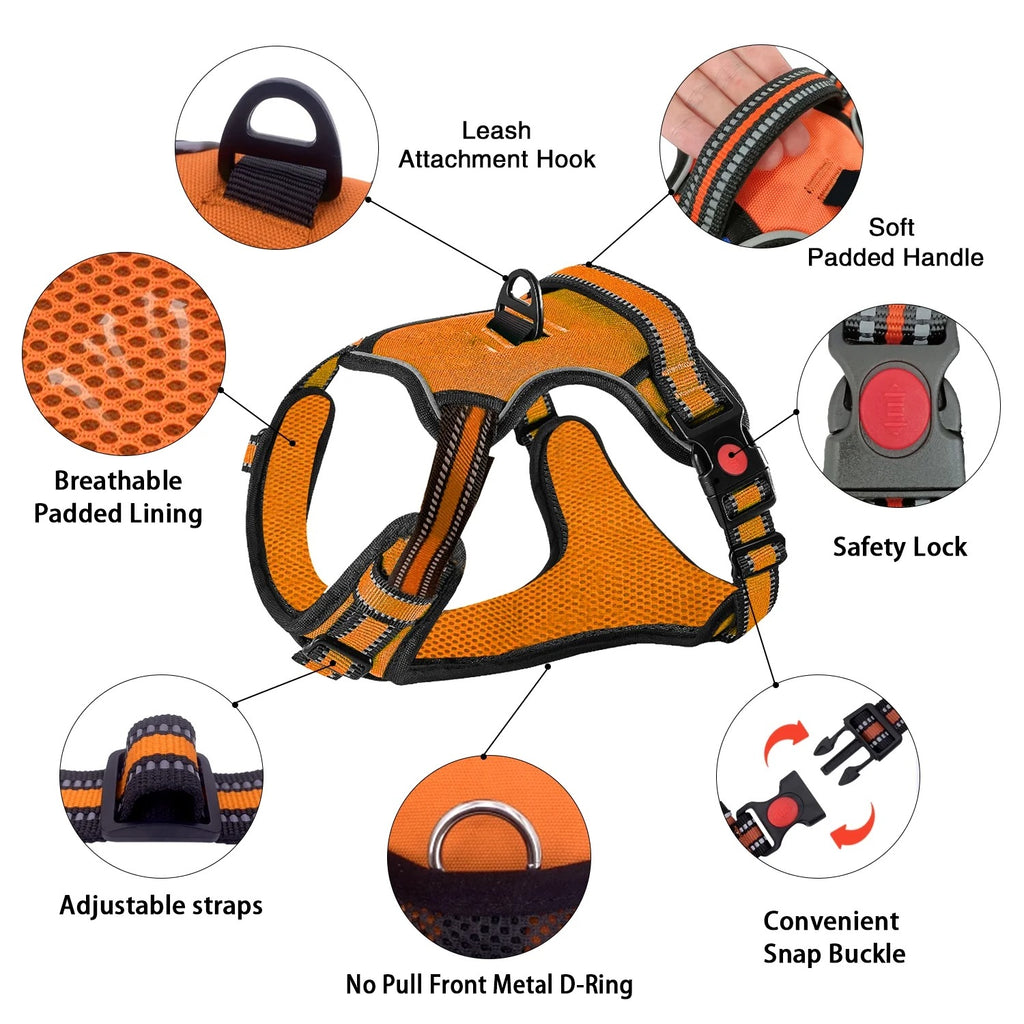 No Pull Dog Harness for Large Dogs with Handle, Adjustable Reflective Dog Vest Harness with Dual Leash Clips, Soft Padded No Choke Pet Harness for Walking Training Hiking, High Visibility Orange