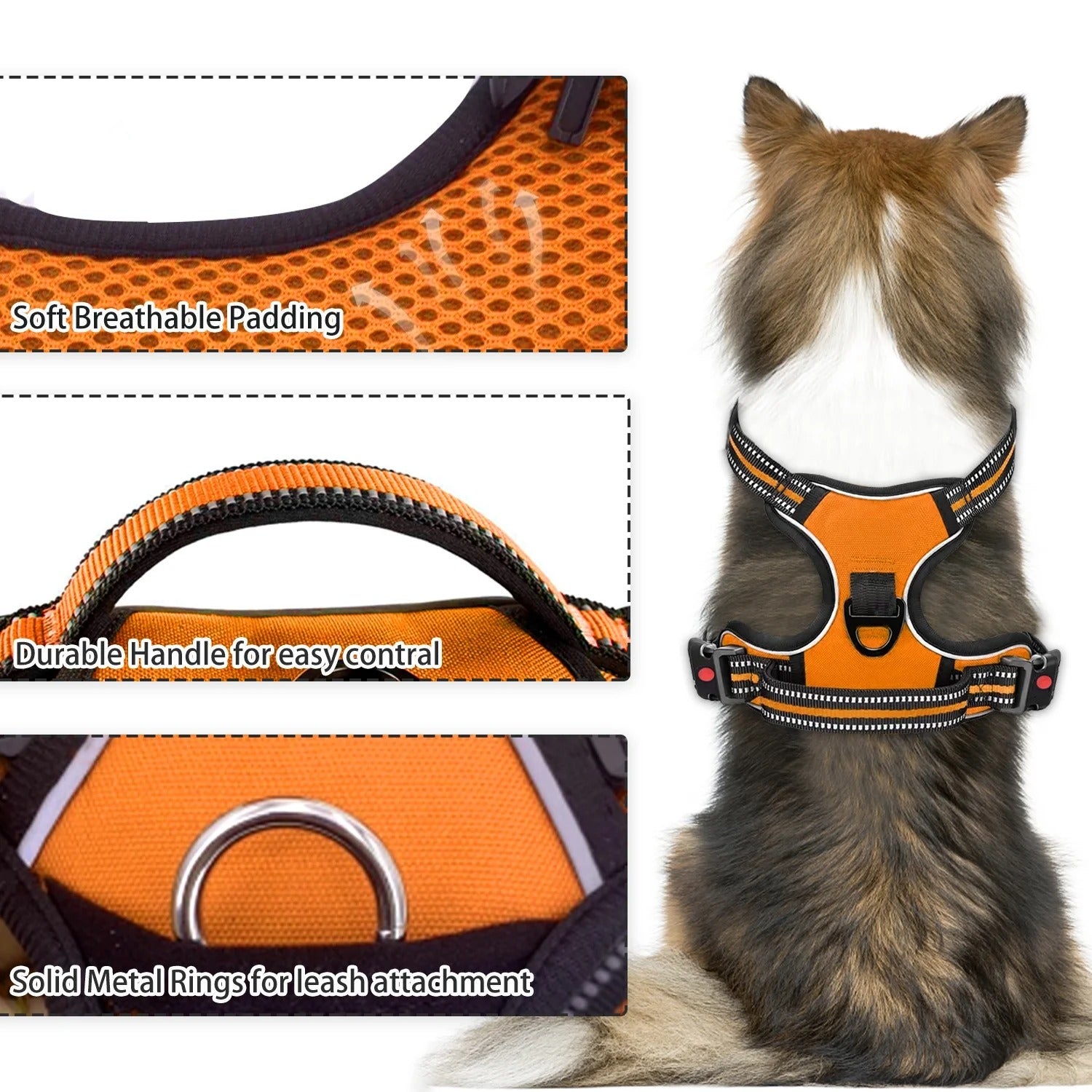 No Pull Dog Harness for Large Dogs with Handle, Adjustable Reflective Dog Vest Harness with Dual Leash Clips, Soft Padded No Choke Pet Harness for Walking Training Hiking, High Visibility Orange