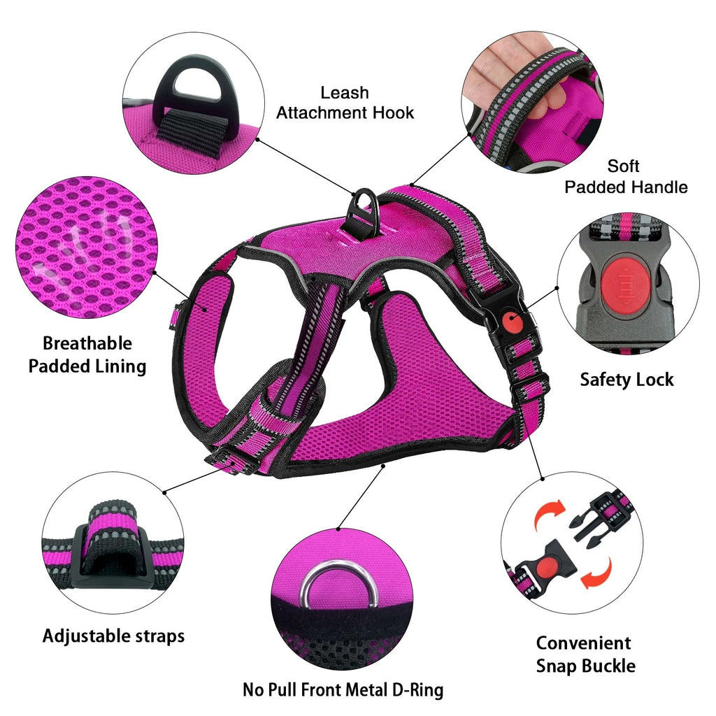 No Pull Dog Harness for Large Dogs with Dual Leash Clips, Adjustable Soft Padded Dog Vest Harness with Handle, Reflective Safety No-Choke Pet Harness for Walking Running Training, Rose