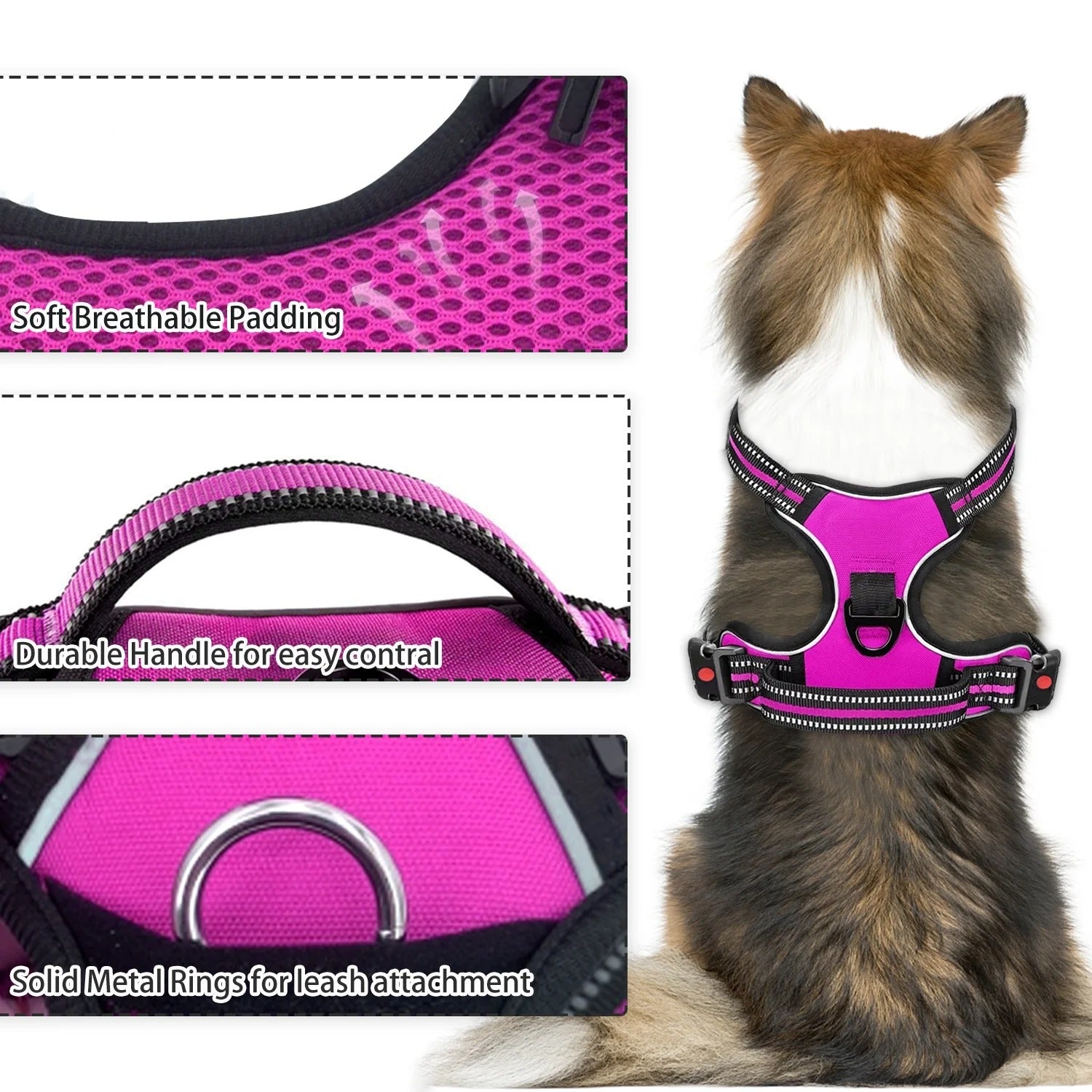 No Pull Dog Harness for Large Dogs with Dual Leash Clips, Adjustable Soft Padded Dog Vest Harness with Handle, Reflective Safety No-Choke Pet Harness for Walking Running Training, Rose