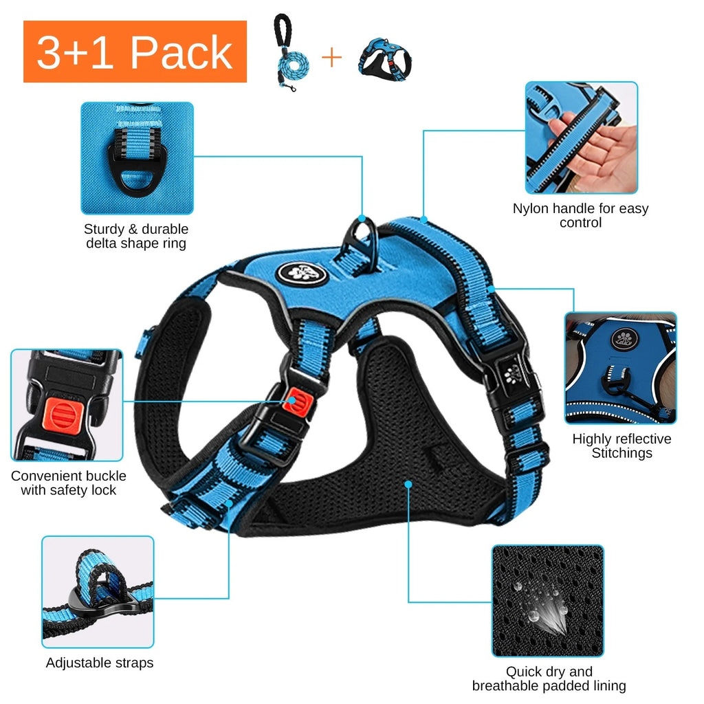 No Pull Dog Harness and Leash Set for Large Dogs, Reflective Adjustable Pet Vest with Soft Padded Cushion and Easy Control Handle, Durable Outdoor Walking and Training Harness, Blue
