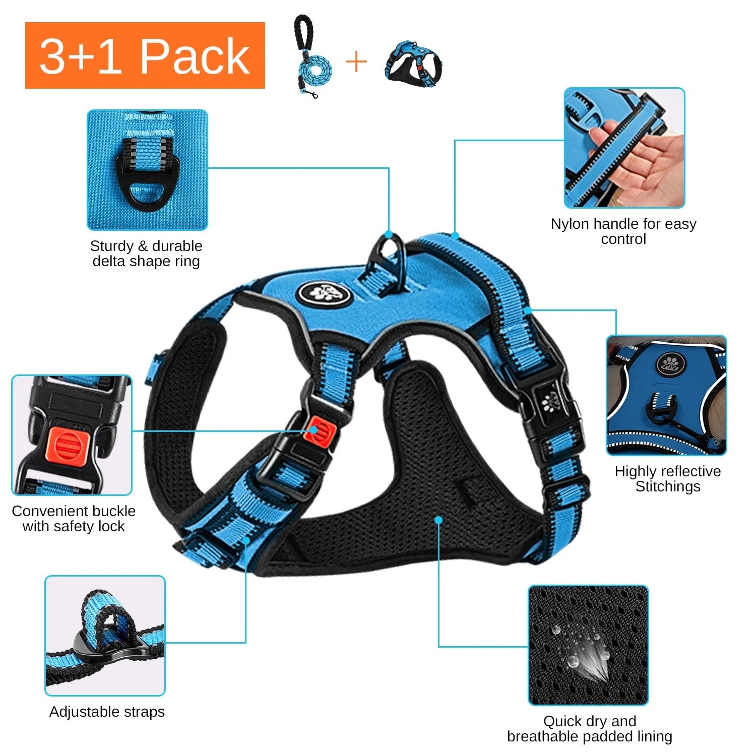 No Pull Dog Harness and Leash Set for Large Dogs, Reflective Adjustable Pet Vest with Soft Padded Cushion and Easy Control Handle, Durable Outdoor Walking and Training Harness, Blue