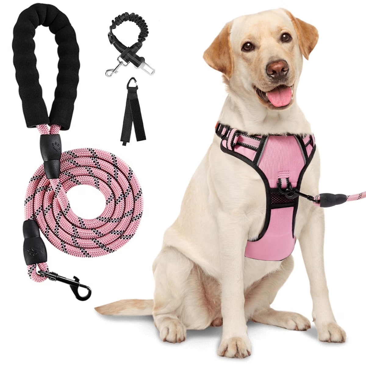 No Pull Dog Harness and Leash Set for Large Dogs, Reflective Adjustable Pet Vest with Soft Padded Cushion and Easy Control Handle, Comfortable Outdoor Walking and Training Dog Harness, Pink