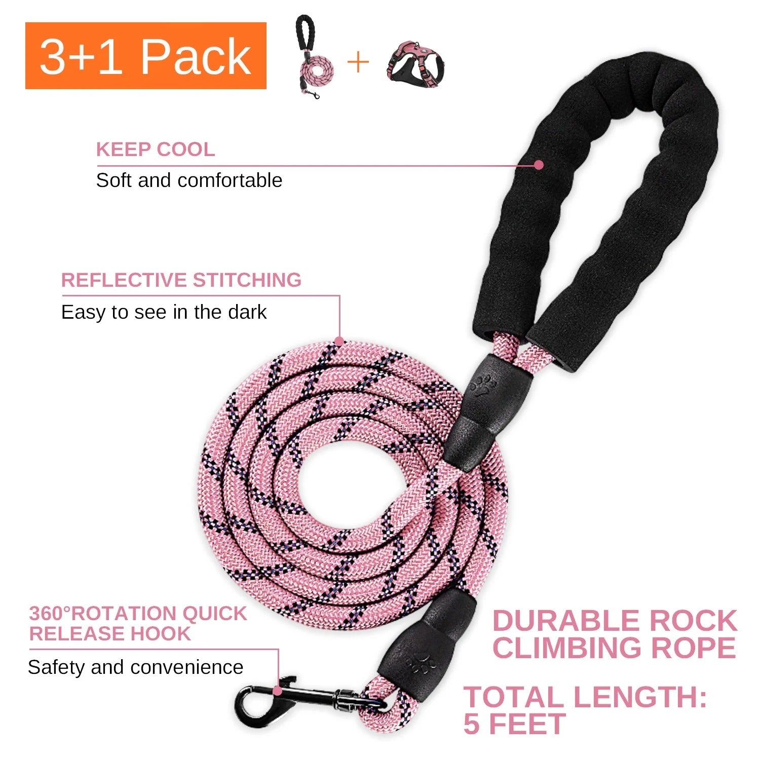 No Pull Dog Harness and Leash Set for Large Dogs, Reflective Adjustable Pet Vest with Soft Padded Cushion and Easy Control Handle, Comfortable Outdoor Walking and Training Dog Harness, Pink