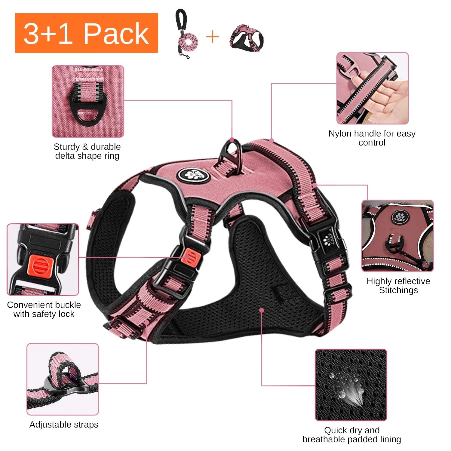 No Pull Dog Harness and Leash Set for Large Dogs, Reflective Adjustable Pet Vest with Soft Padded Cushion and Easy Control Handle, Comfortable Outdoor Walking and Training Dog Harness, Pink
