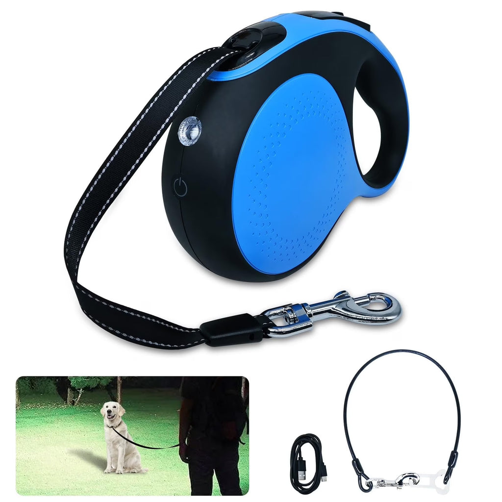 Retractable Dog Leash with LED Light, 16Ft Heavy Duty Tangle-Free Dog Leash for Small Medium Large Dogs up to 110lbs, Chew-Proof Cable, One-Handed Control, Blue