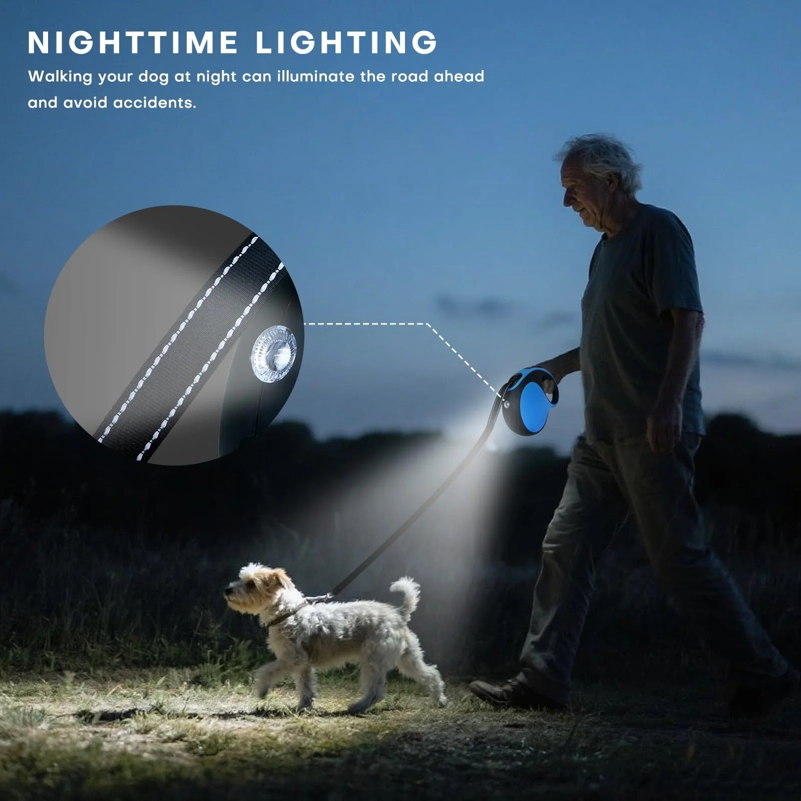 Retractable Dog Leash with LED Light, 16Ft Heavy Duty Tangle-Free Dog Leash for Small Medium Large Dogs up to 110lbs, Chew-Proof Cable, One-Handed Control, Blue