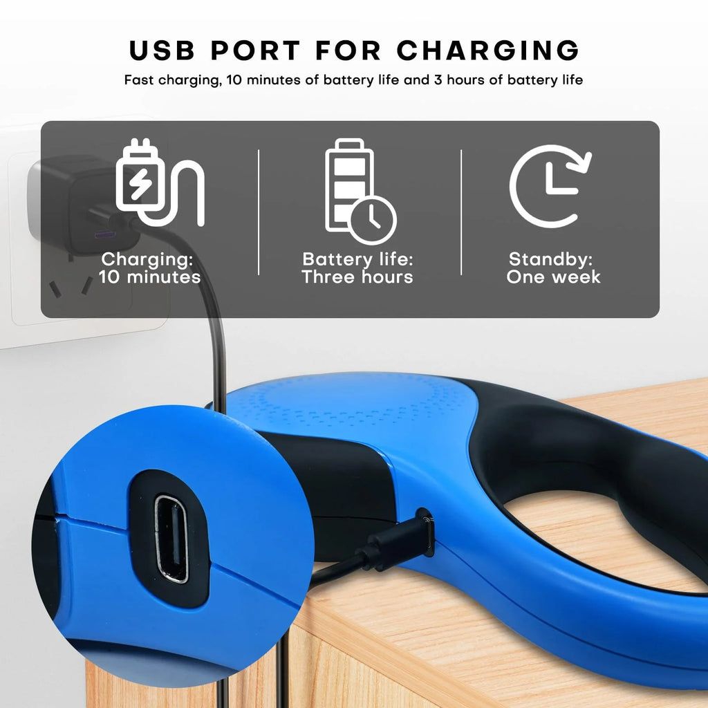 Retractable Dog Leash with LED Light, 16Ft Heavy Duty Tangle-Free Dog Leash for Small Medium Large Dogs up to 110lbs, Chew-Proof Cable, One-Handed Control, Blue