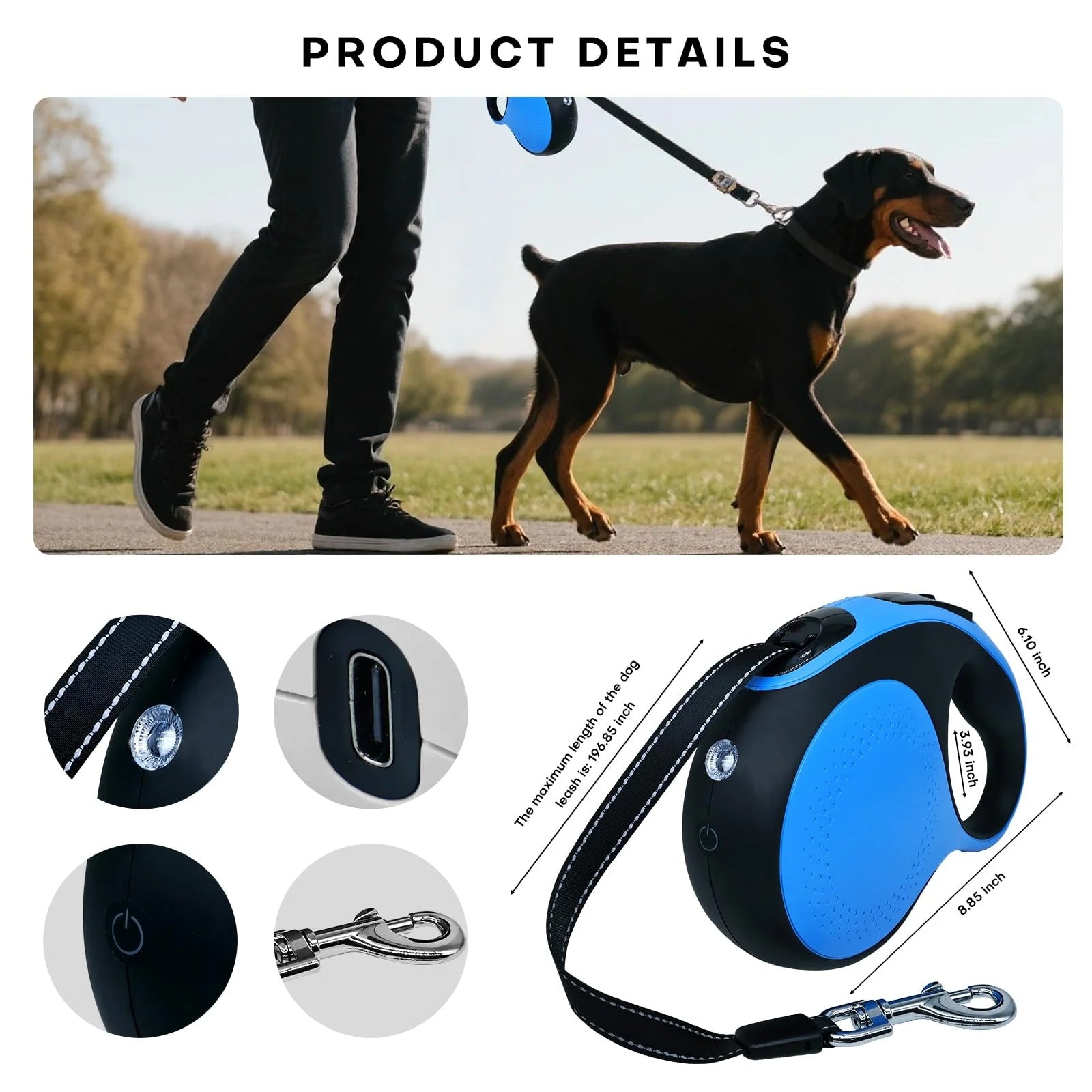 Retractable Dog Leash with LED Light, 16Ft Heavy Duty Tangle-Free Dog Leash for Small Medium Large Dogs up to 110lbs, Chew-Proof Cable, One-Handed Control, Blue