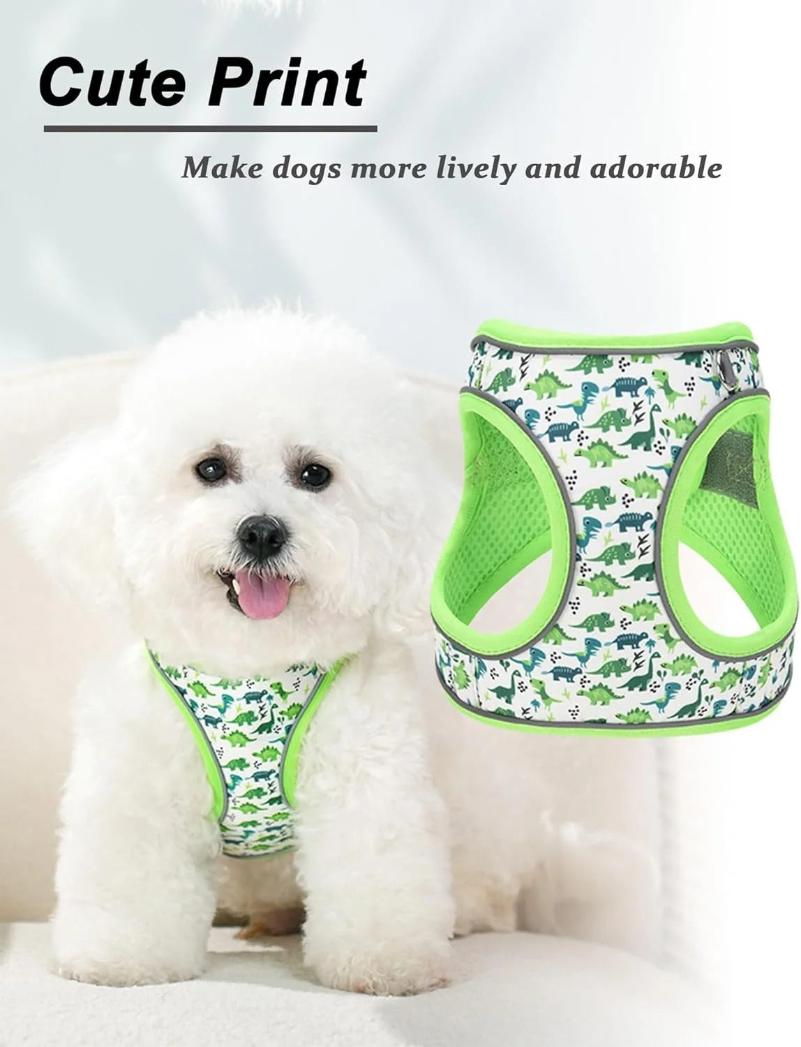 XXS Adjustable No Escape Dog Harness and Leash Set for Small Dogs and Cats, Breathable Mesh Puppy Vest with Dinosaur Pattern for Walking, Training & Daily Outdoor Use – Green