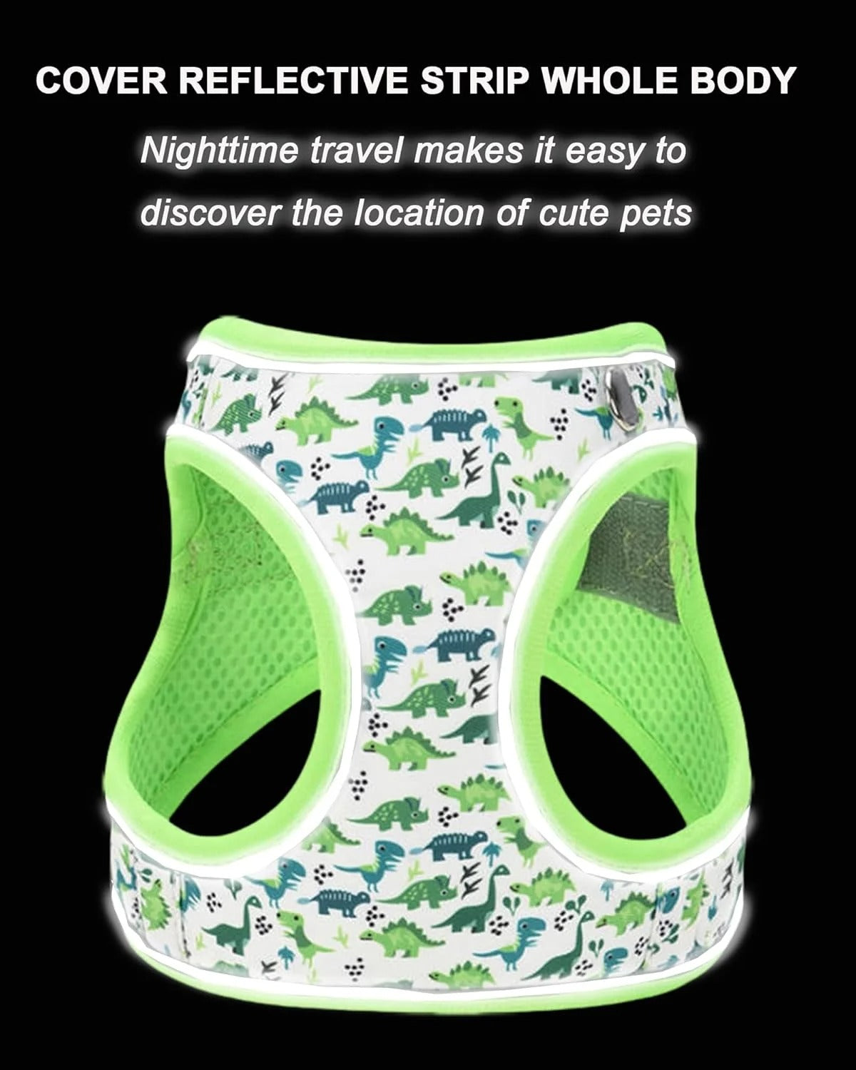 XXS Adjustable No Escape Dog Harness and Leash Set for Small Dogs and Cats, Breathable Mesh Puppy Vest with Dinosaur Pattern for Walking, Training & Daily Outdoor Use – Green