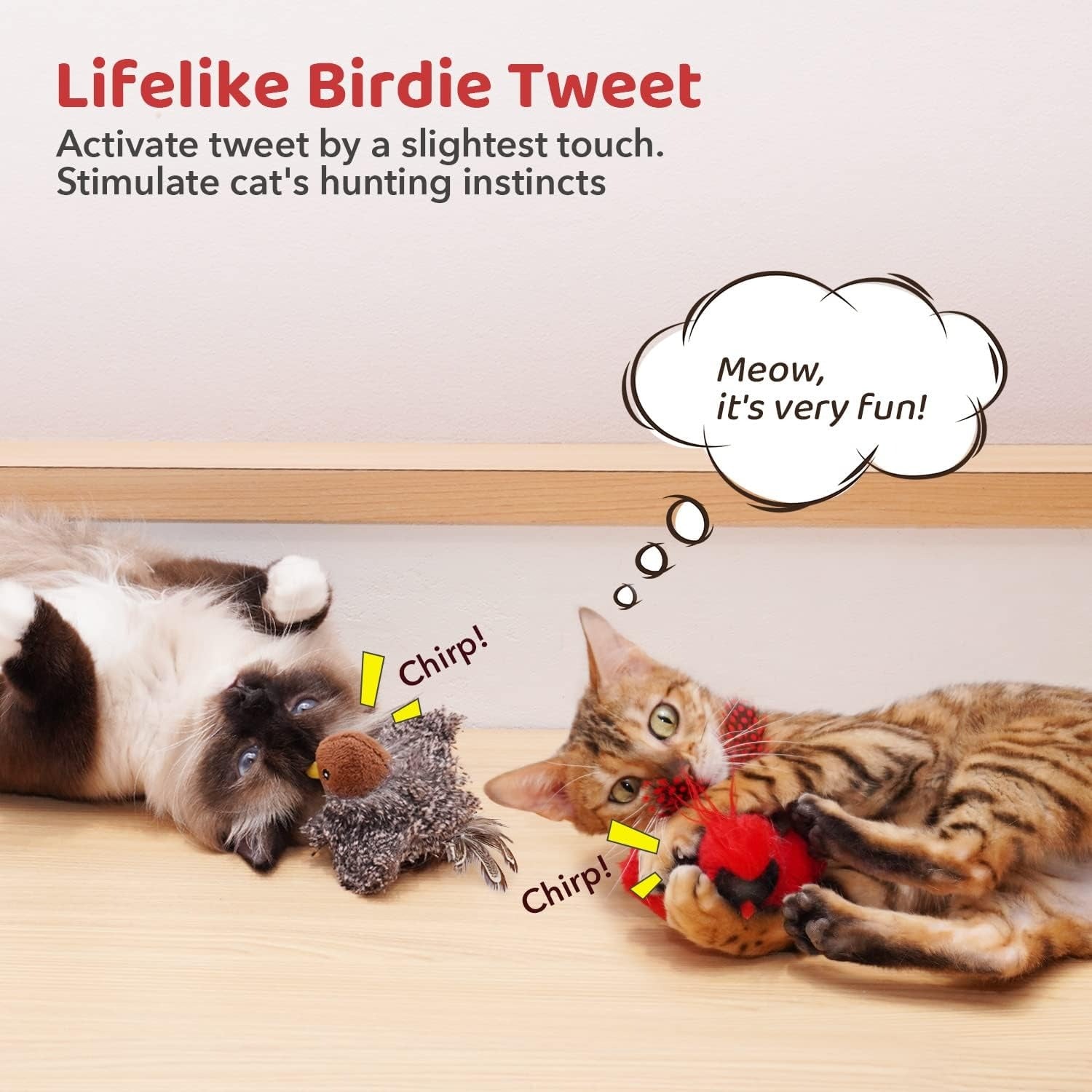 2-Pack Interactive Chirping Cat Toys – Plush Birds Infused with Catnip & Silvervine, Engaging Kicker Toys for Indoor Cats, Stimulating Hunting and Play