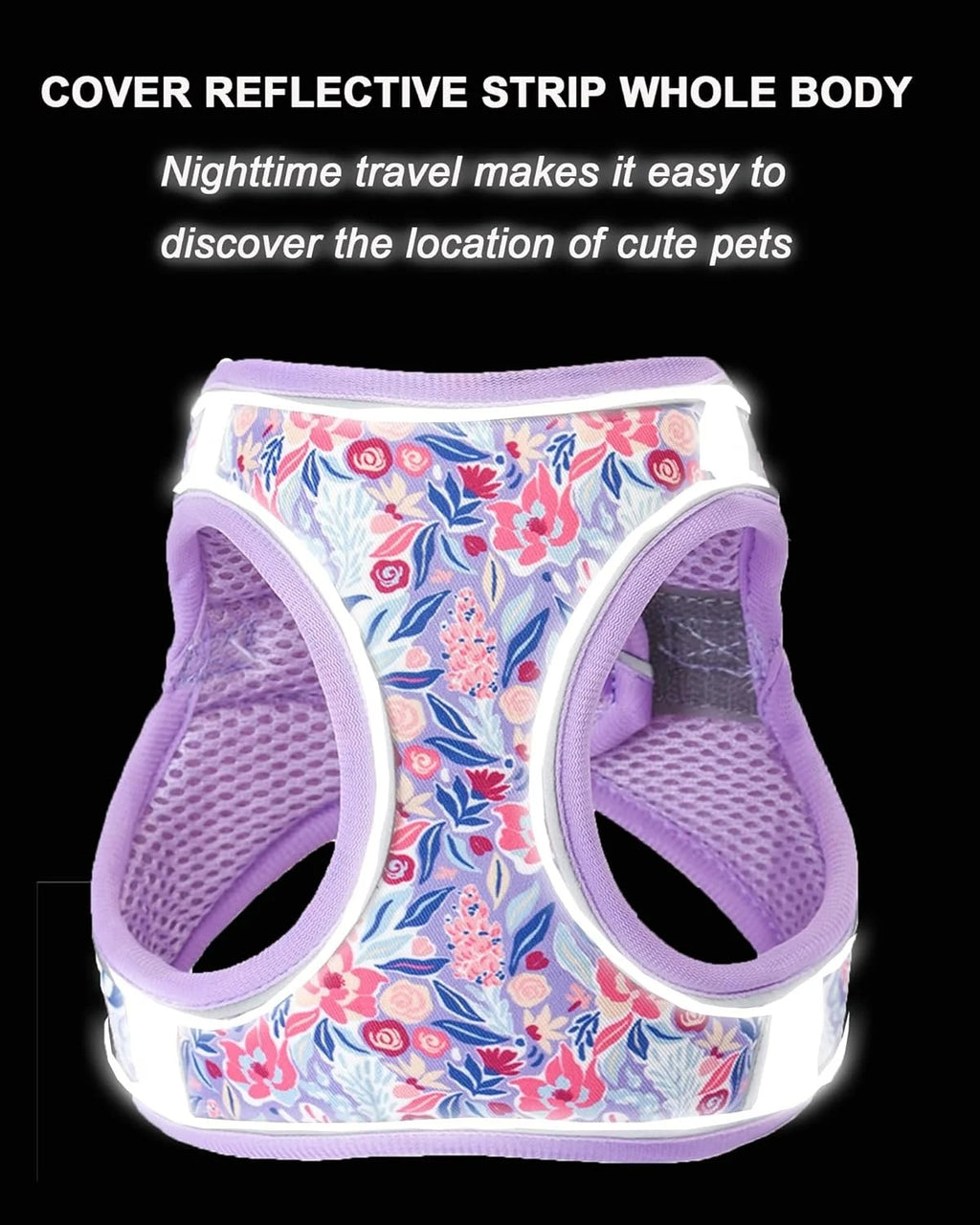 XS Adjustable No Escape Dog Harness and Leash Set for Small Dogs and Cats, Breathable Mesh Puppy Vest with Floral Pattern for Walking, Training & Everyday Outdoor Use – Light Purple