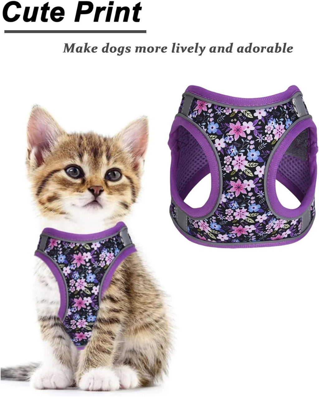 XS Adjustable No Escape Dog Harness and Leash Set for Small Dogs and Cats, Breathable Mesh Puppy Vest with Floral Pattern for Walking, Training & Everyday Outdoor Use – Purple