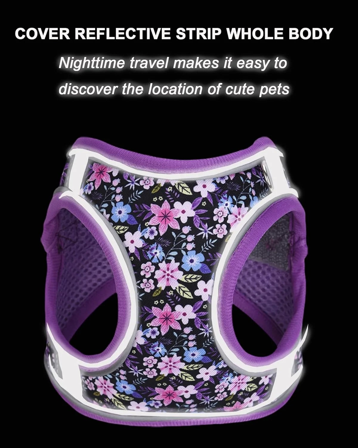 XS Adjustable No Escape Dog Harness and Leash Set for Small Dogs and Cats, Breathable Mesh Puppy Vest with Floral Pattern for Walking, Training & Everyday Outdoor Use – Purple