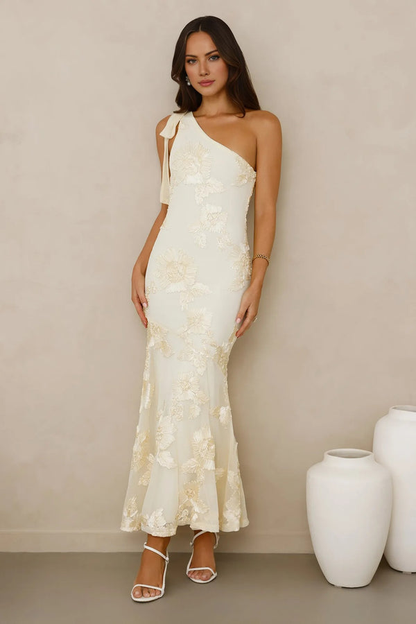 Glossy Girl One Shoulder Mesh Maxi Dress Yellow