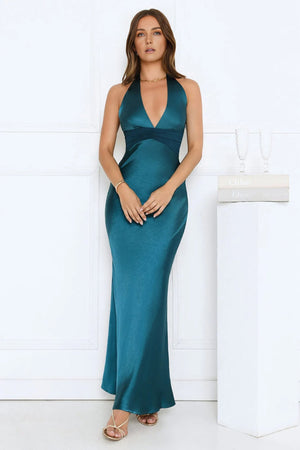 Spiced Sunset Satin Halter Maxi Dress Green