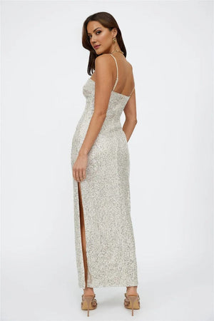 Disco Dancing Sequin Maxi Dress Beige