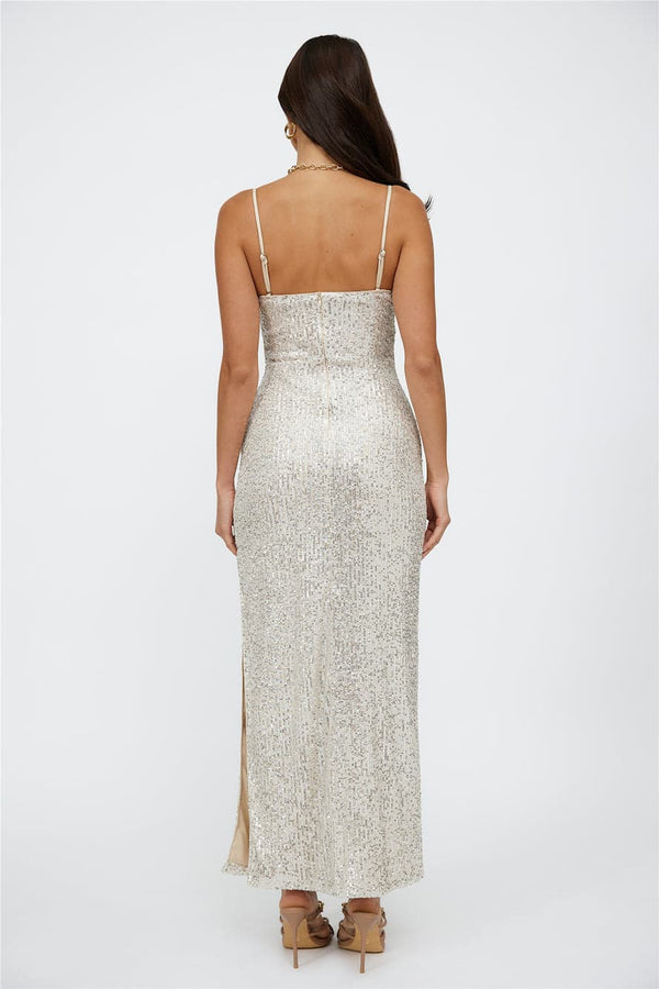 Disco Dancing Sequin Maxi Dress Beige
